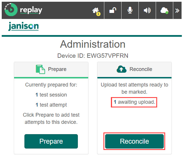 The Janison Replay Administration screen. The number of attempts waiting for upload and the Reconcile button are highlighted.
