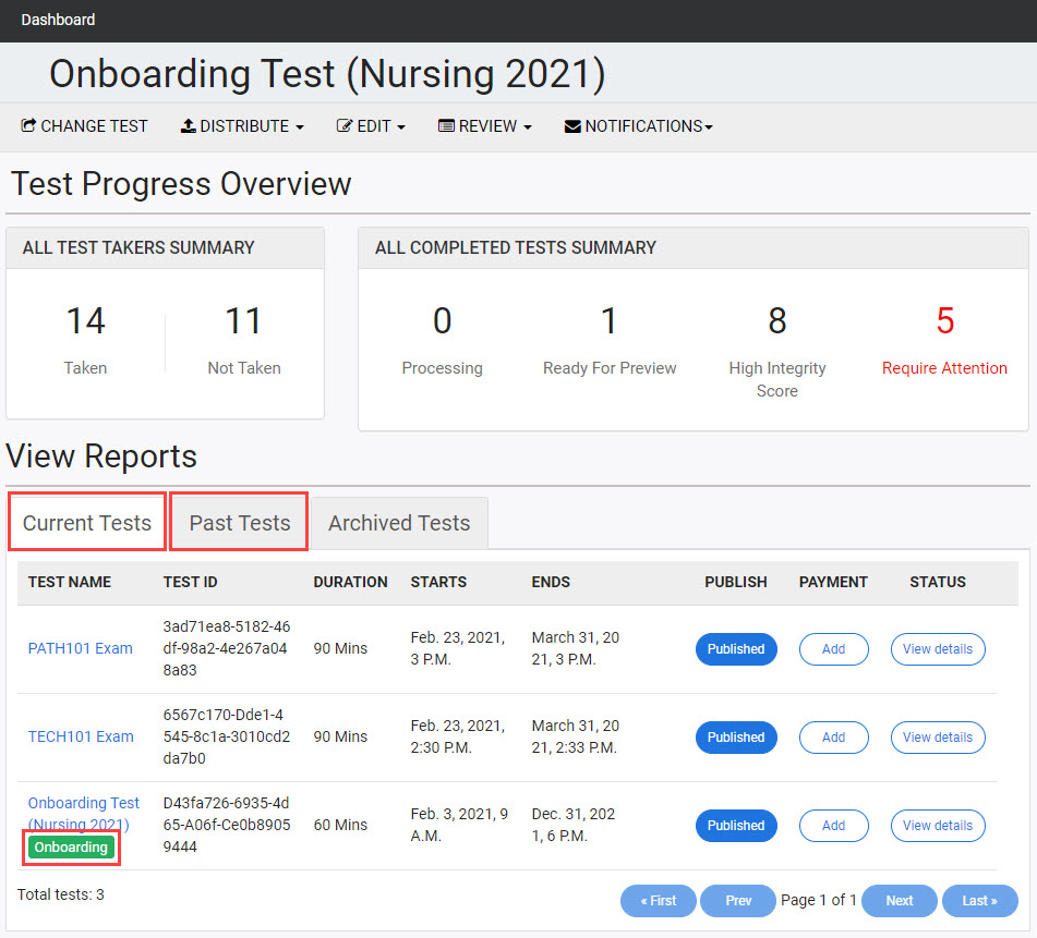 The Proctortrack instructor dashboard with Current Tests and Past Tests tabs and Onboarding label highlighted.