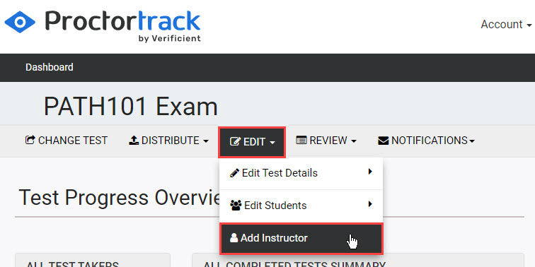 Instructor dashboard in Proctortrack, with EDIT button and Add Instructor option highlighted.