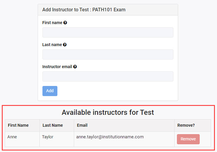 Add Instructor to Test screen, with Available instructors for Test list highlighted.