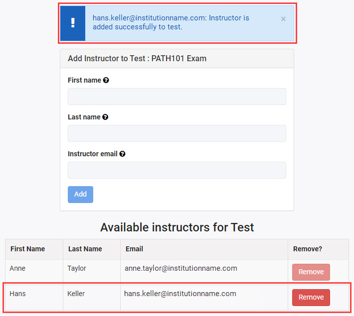 Add Instructor to Test screen, with confirmation message and new instructor entry in the list highlighted. 