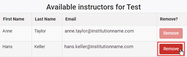 Available instructors for Test list with Remove button highlighted. 