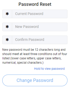 The Proctortrack password reset screen, with current and new password fields empty.
