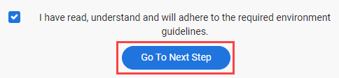 The 'I agree...' checkbox and Go To Next Step button on the first onboarding step page are highlighted.