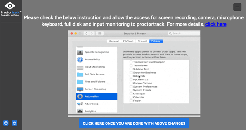 Security & Privacy screen, Privacy Tab. In the Screen Recording list, the Proctortrack checkbox is selected.