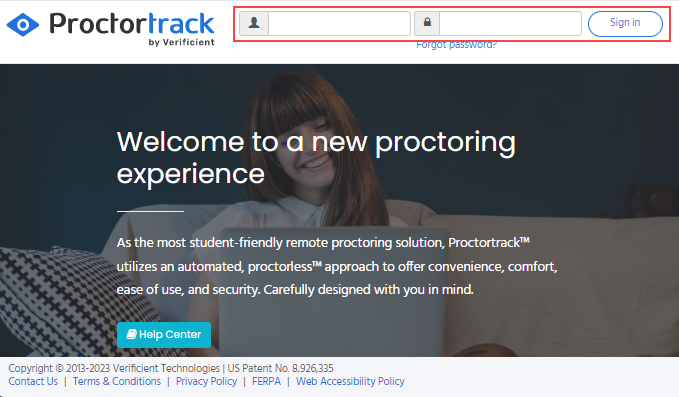 The Proctortrack home page. The username field, password field and Sign in button are highlighted.